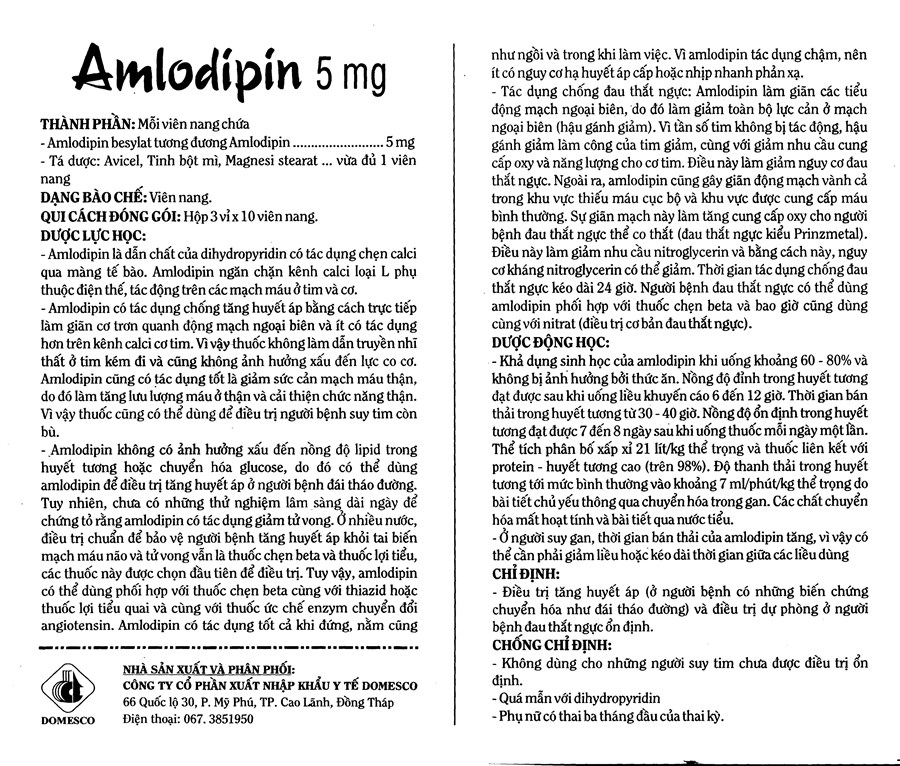 Amlodipin Domesco 5mg trị tăng huyết áp, đau thắt ngực